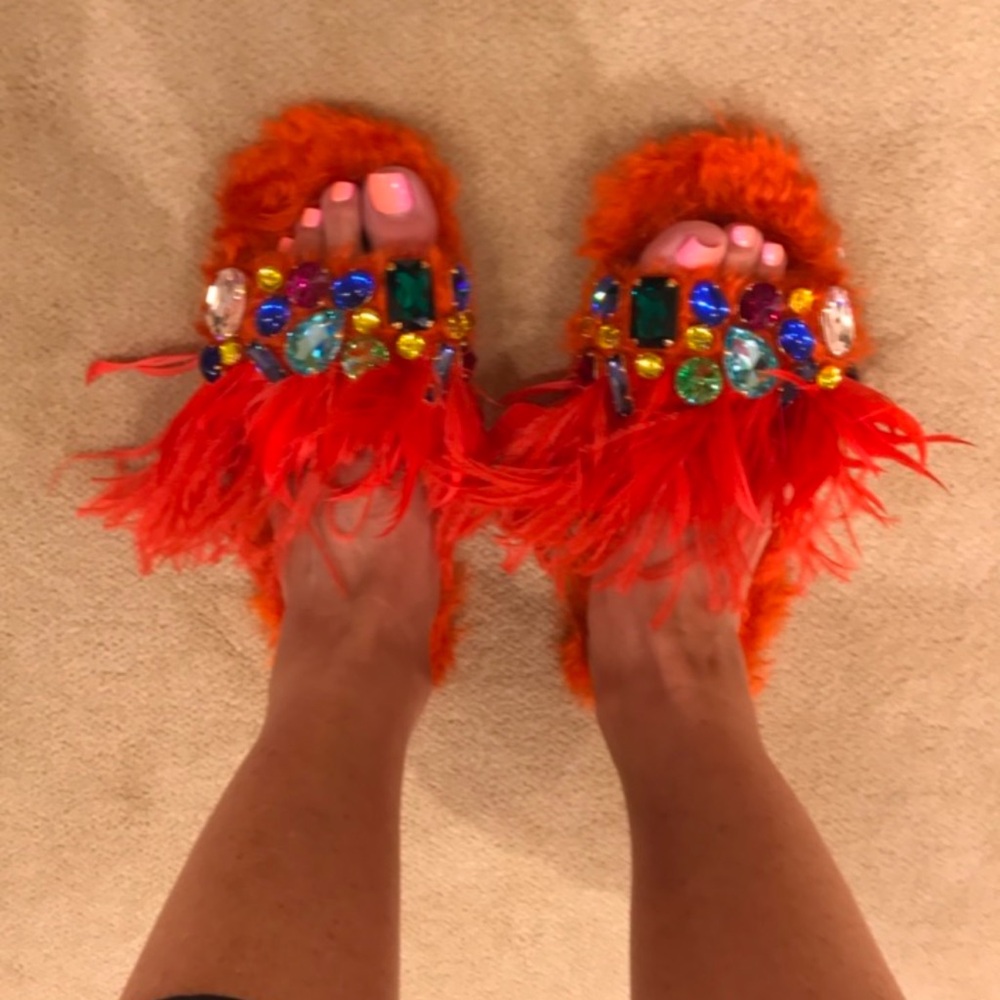 Miu Miu Orange Shearling Slides with Ostrich Feathers & Crystals – Size 37